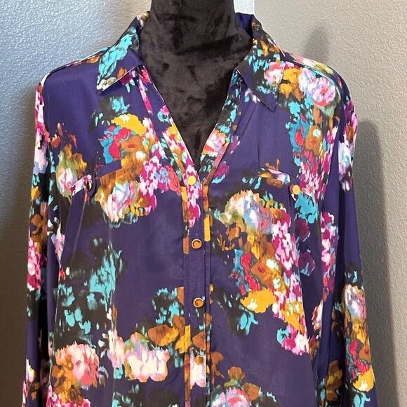 Elementz Blouse Womens XL Button Front Navy Multicolor Floral Print Long Sleeve - Picture 2 of 10